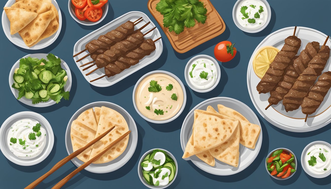 A plate of beef souvlaki with fresh vegetables and pita bread, surrounded by small bowls of tzatziki and hummus