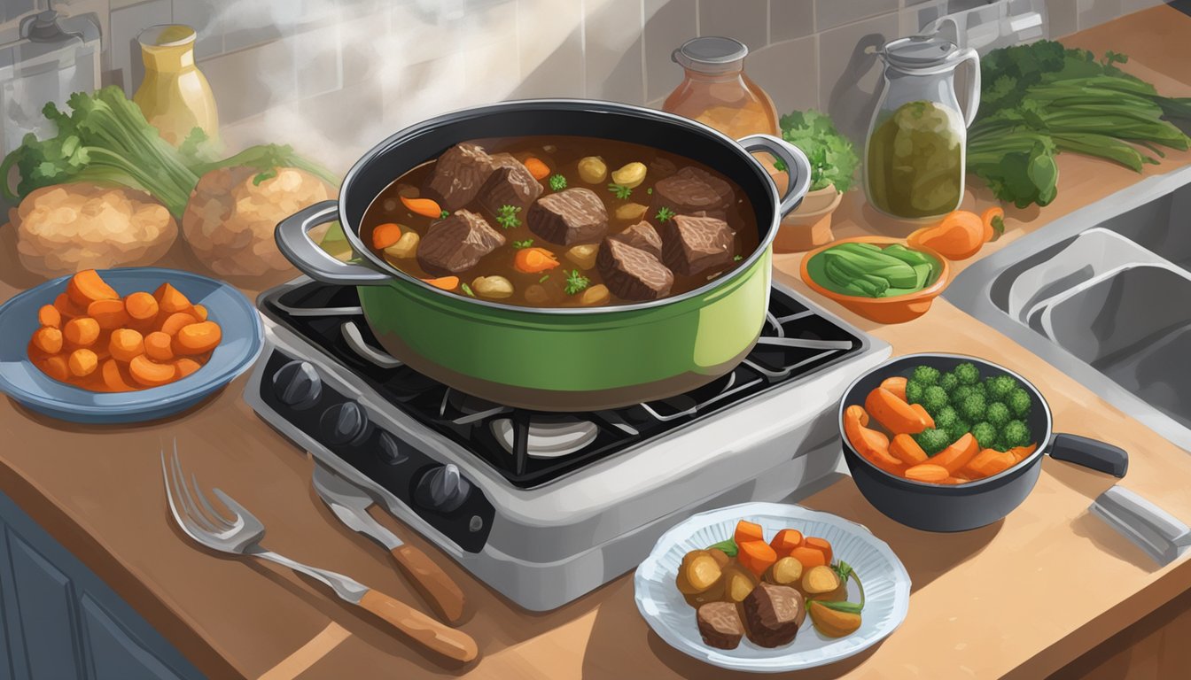 A pot of beef stew sits on a kitchen counter, with moldy vegetables and a foul odor emanating from it