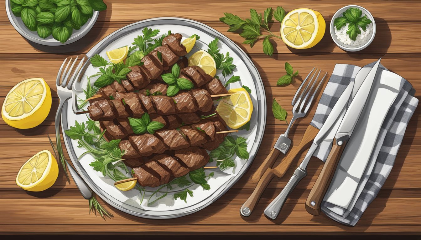 A plate of beef souvlaki sits on a wooden cutting board, surrounded by fresh herbs and lemon wedges. A fork and knife rest beside the dish