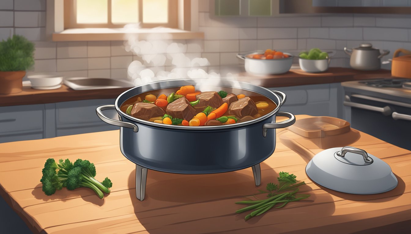 A pot of beef stew sits on a kitchen counter, covered with a lid. The steam rises from the hearty mixture of meat, vegetables, and broth