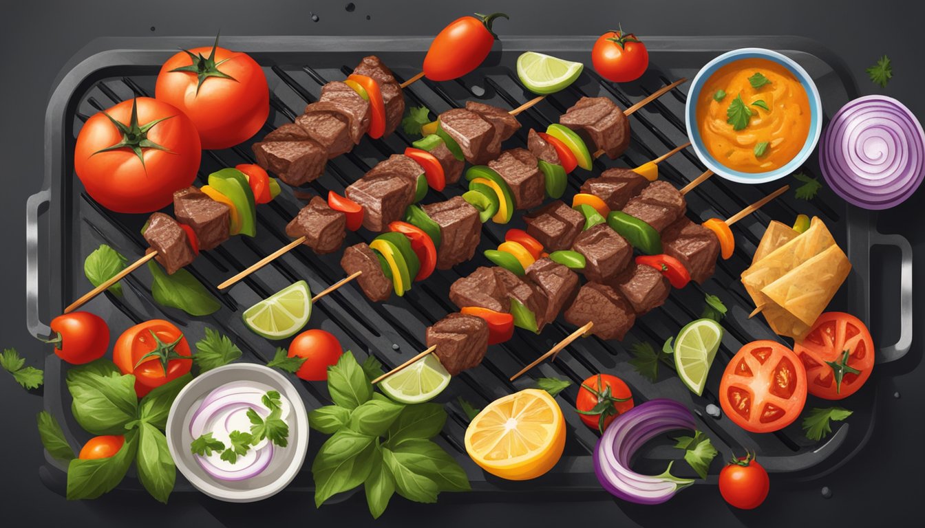 A sizzling beef souvlaki skewer on a charcoal grill, surrounded by vibrant Mediterranean ingredients like tomatoes, onions, and peppers