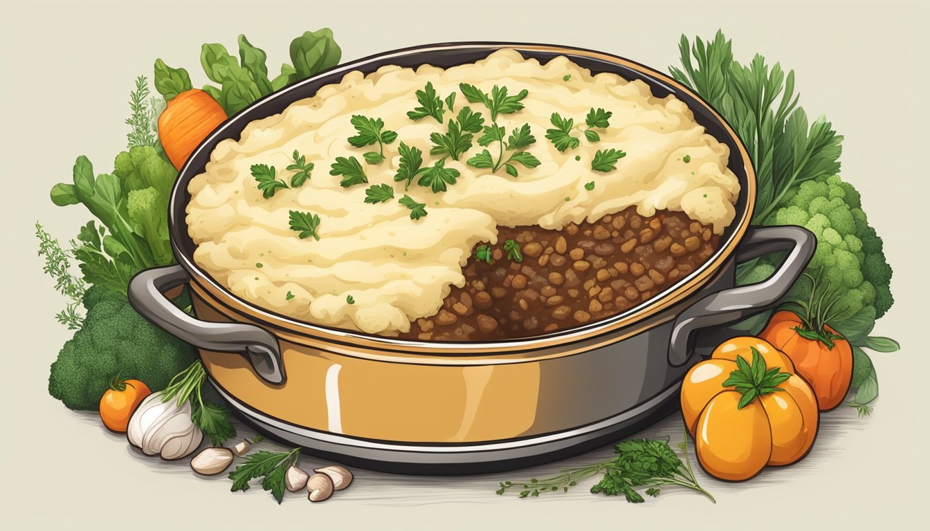 A steaming dish of beef shepherd's pie, golden mashed potato topping, surrounded by fresh herbs and vegetables