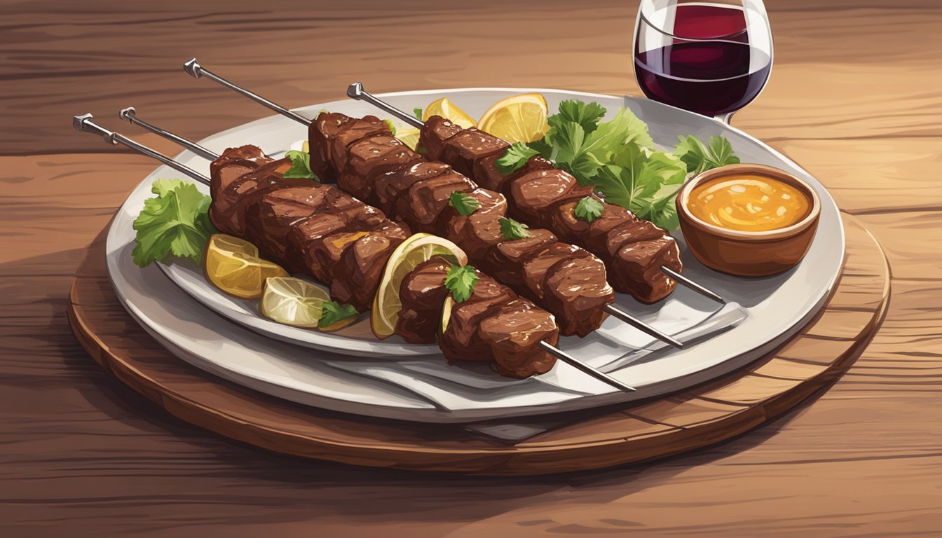 A sizzling beef souvlaki skewer next to a glass of red wine and a bottle of beer on a rustic wooden table