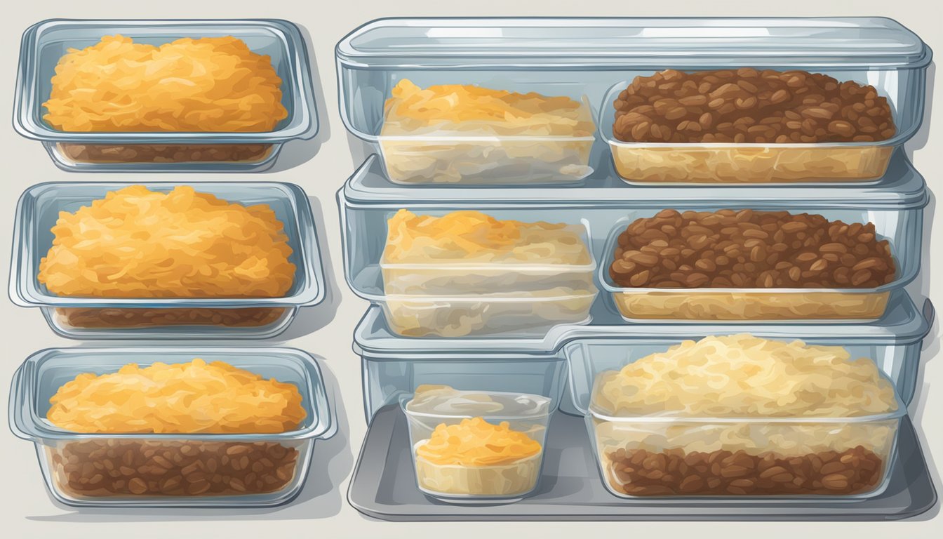 A beef shepherd's pie is tightly wrapped in plastic wrap, stored in the refrigerator, and labeled with the date