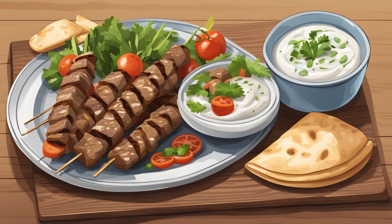 A plate of beef souvlaki with fresh vegetables and pita bread, accompanied by a side of tzatziki sauce, displayed on a wooden cutting board