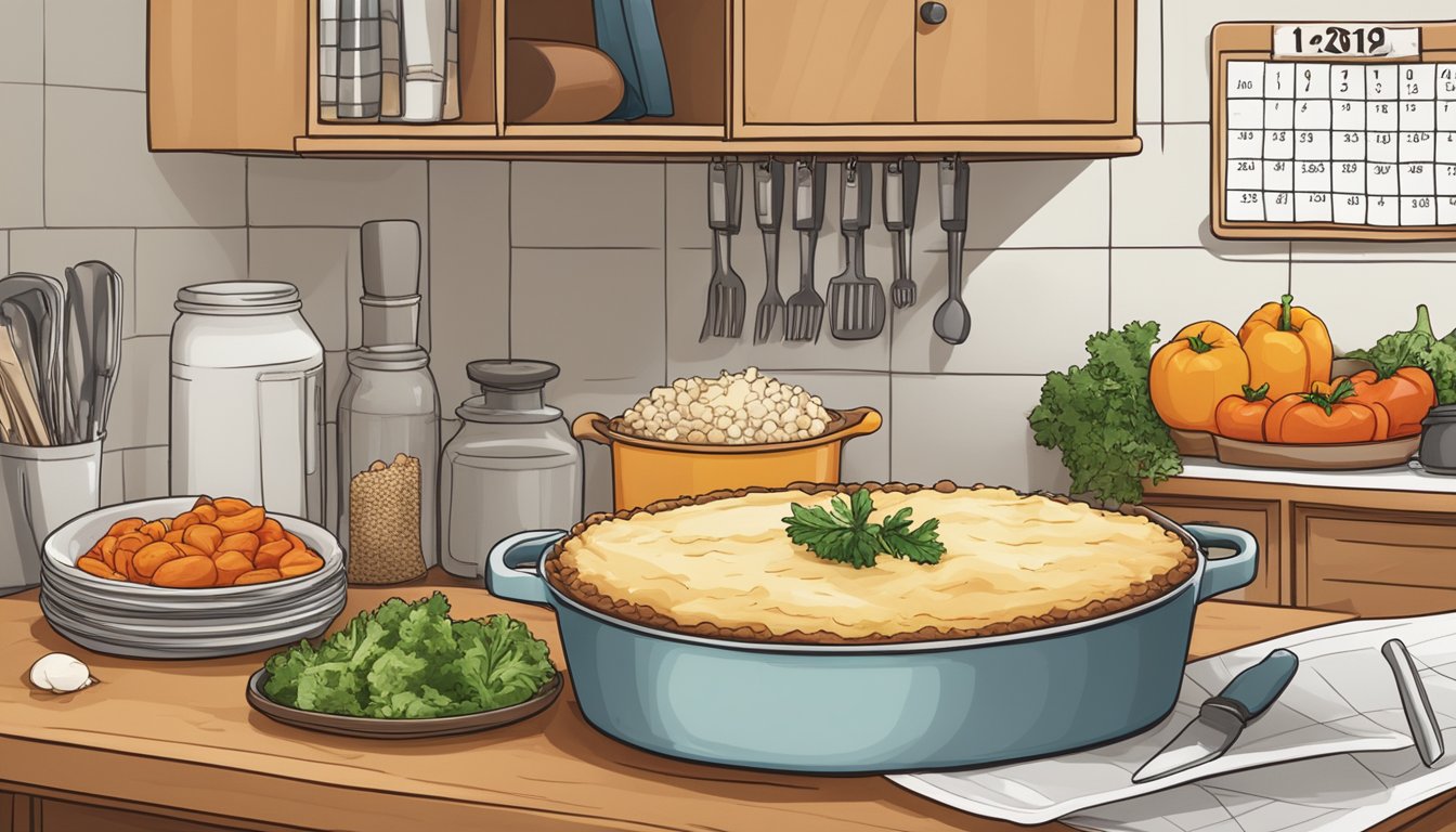 A beef shepherd's pie sitting on a kitchen shelf, surrounded by various ingredients and a calendar showing the date of preparation