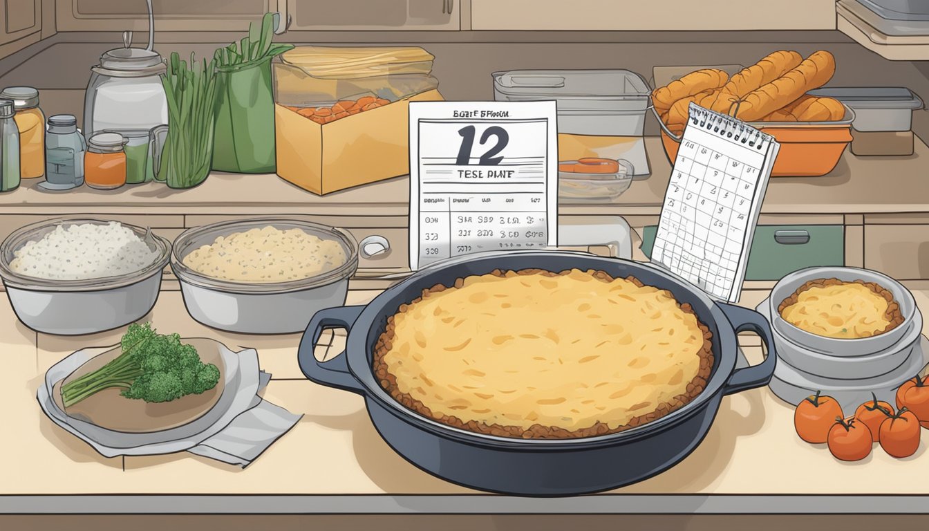 A beef shepherd's pie sits on a kitchen counter, covered in a clear plastic wrap. The pie is surrounded by various food safety guidelines and a calendar with the current date circled