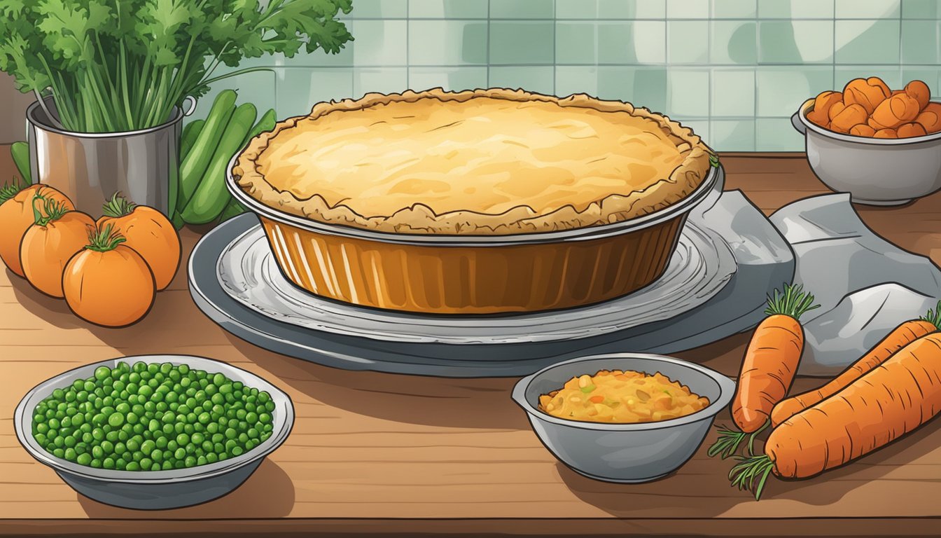 A beef shepherds pie sits on a kitchen counter, covered with foil to keep it fresh. The pie is surrounded by fresh ingredients like carrots, peas, and potatoes