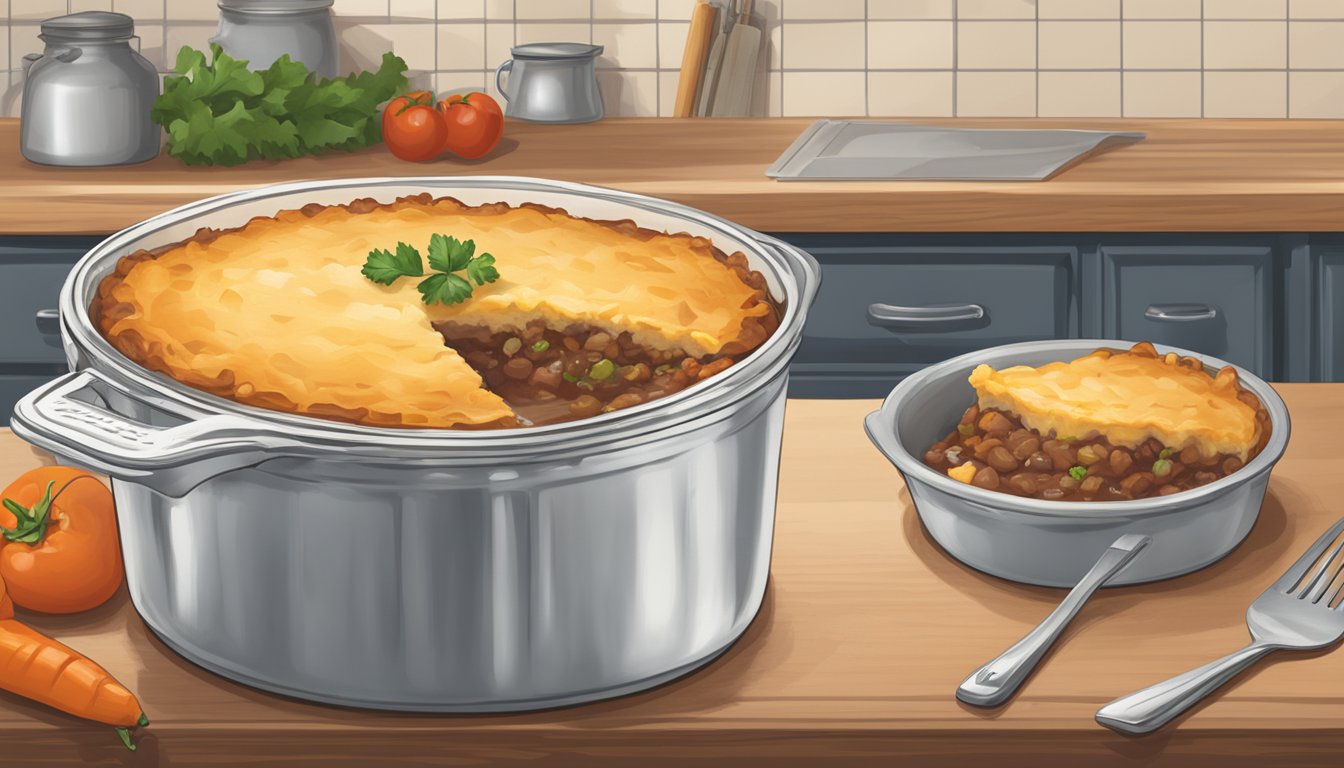 A beef shepherds pie sits on a kitchen counter, covered with a clear lid. A calendar on the wall marks the date of its creation