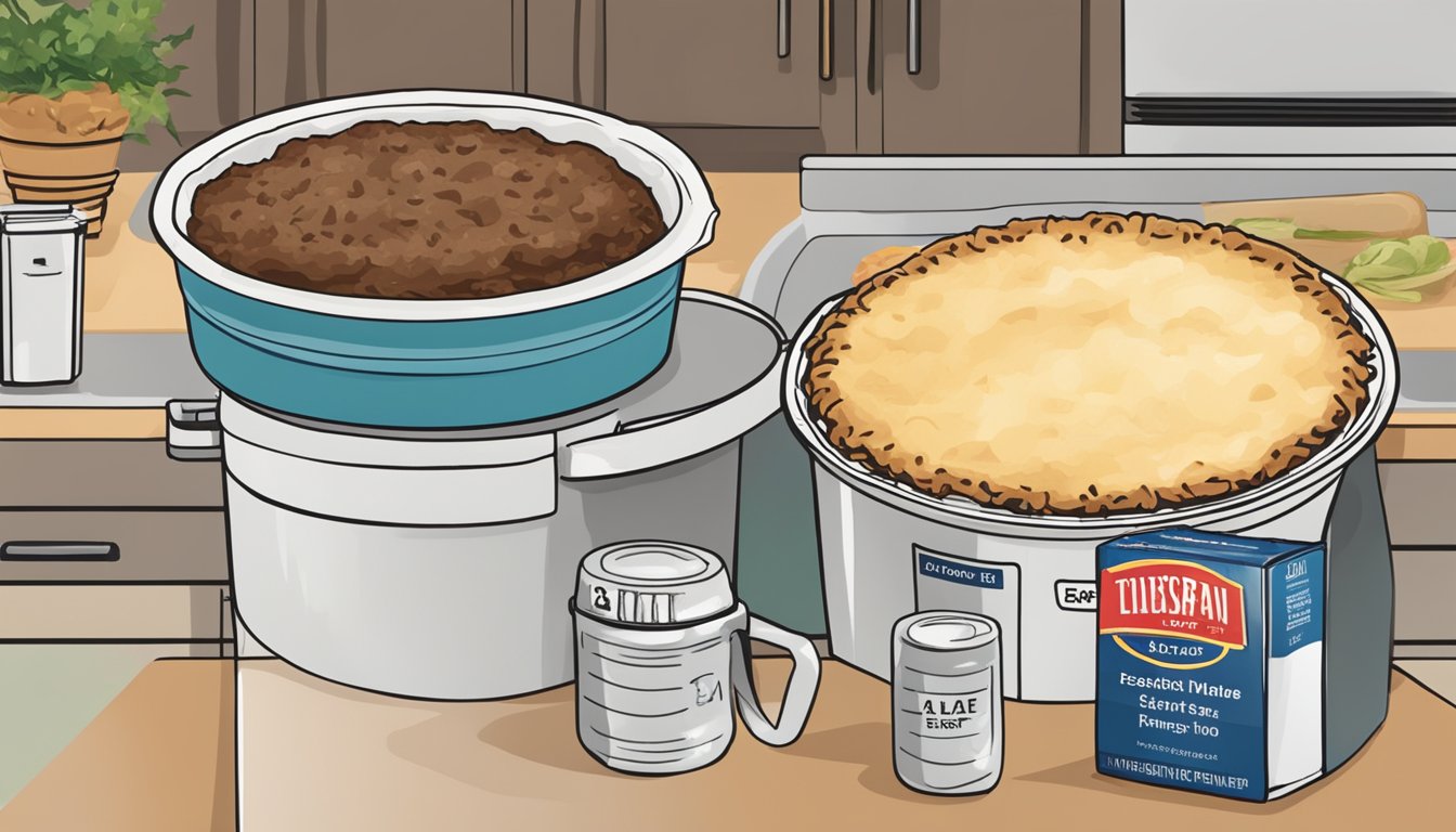 A beef shepherd's pie sits on a kitchen counter next to a labeled expiration date. Another pie sits in a refrigerator with a different expiration date