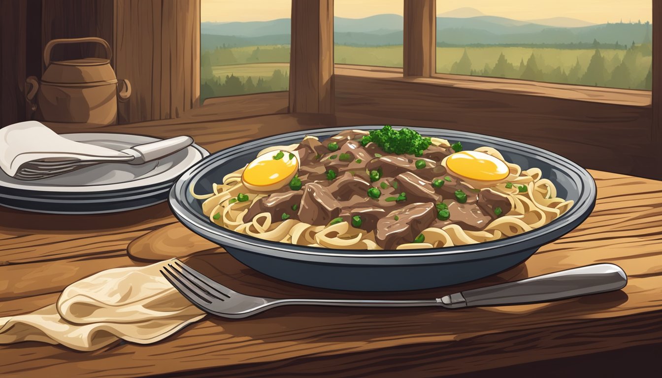 A steaming plate of beef stroganoff with egg noodles sits on a rustic wooden table, surrounded by a warm, inviting atmosphere