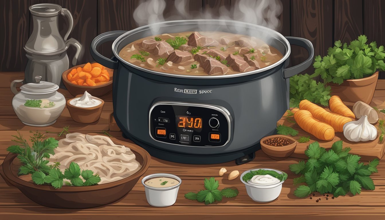 A steaming pot of beef stroganoff sits on a rustic wooden table, surrounded by fresh herbs and spices. A timer on the counter shows the passing of time