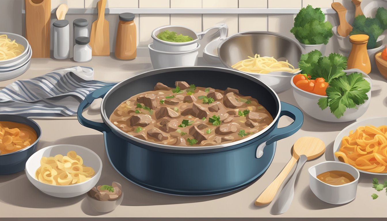 A pot of beef stroganoff sits on a kitchen counter, covered with a lid. The surrounding area is clean and organized, with various storage containers nearby