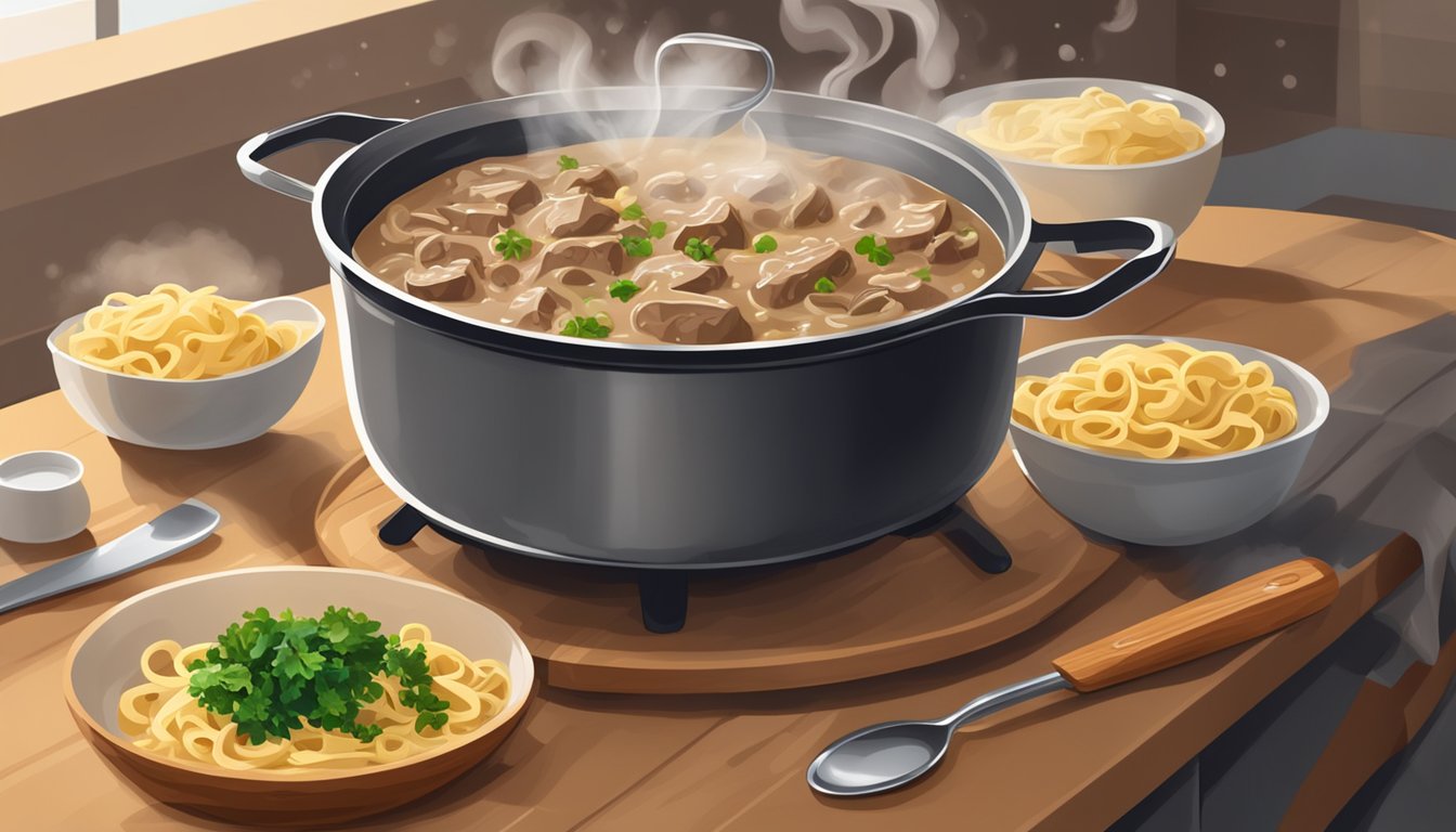 A bubbling pot of beef stroganoff with egg noodles simmering on the stove, steam rising, a wooden spoon stirring the creamy sauce