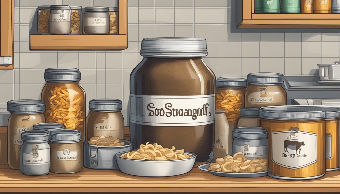 A pot of beef stroganoff sits on a kitchen shelf, surrounded by cans and jars. A calendar on the wall marks the date of preparation