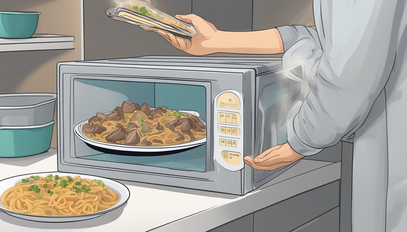 A container of beef stroganoff sits in a refrigerator. A person holds a microwave-safe dish, placing the stroganoff inside. The microwave timer is set