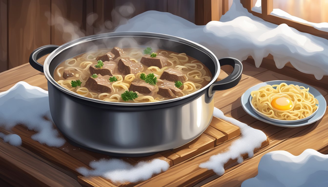 A steaming pot of beef stroganoff with egg noodles sits on a wooden table, surrounded by frosty windows and melting snow outside