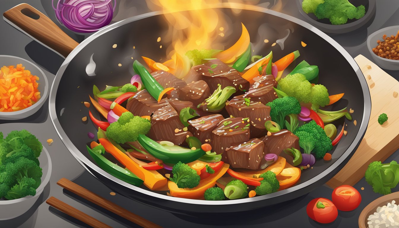 A sizzling beef stir fry in a hot wok, with colorful vegetables and aromatic spices being tossed together