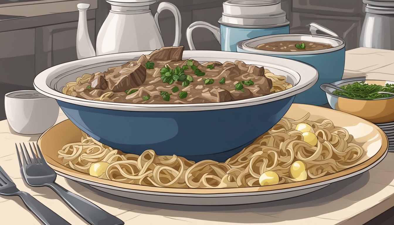 A steaming bowl of beef stroganoff with egg noodles sits on a kitchen counter, surrounded by empty plates and utensils