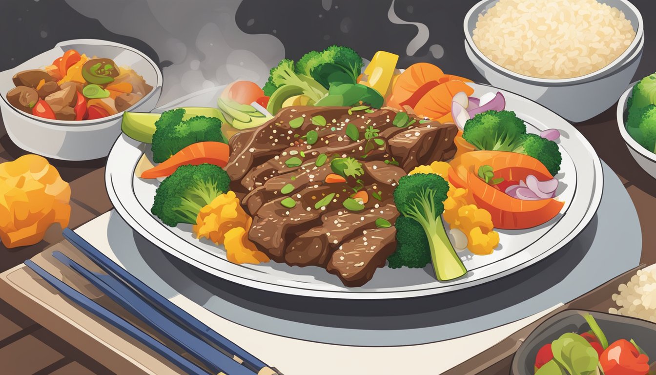 A sizzling beef stir-fry sits on a clean, white plate, surrounded by colorful vegetables and steaming rice. A digital timer shows the elapsed time