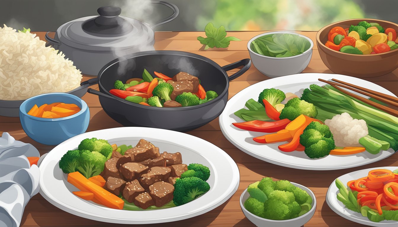 A sizzling beef stir fry dish sits on a clean, white plate, surrounded by colorful vegetables. The steam rises from the hot meal, creating an inviting scene