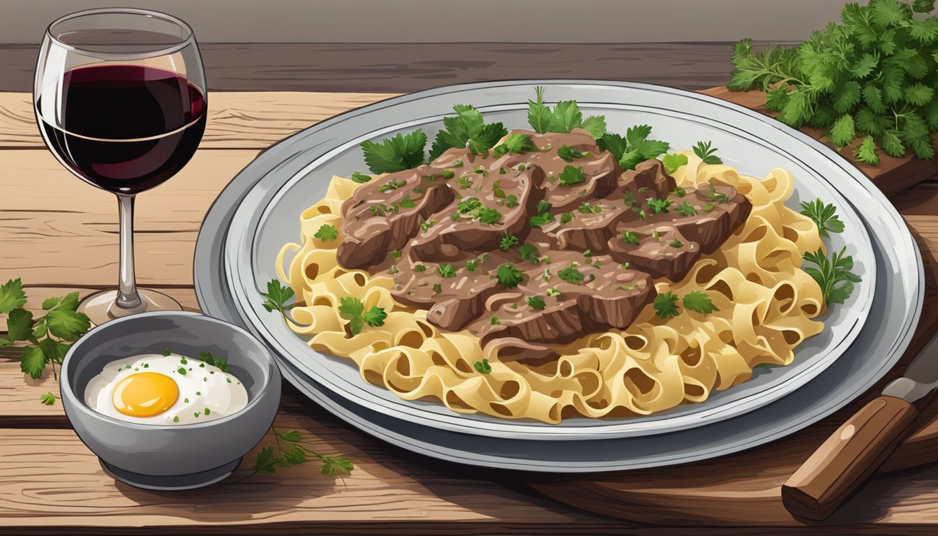 A steaming plate of beef stroganoff with egg noodles sits on a rustic wooden table, surrounded by a scattering of fresh herbs and a glass of red wine