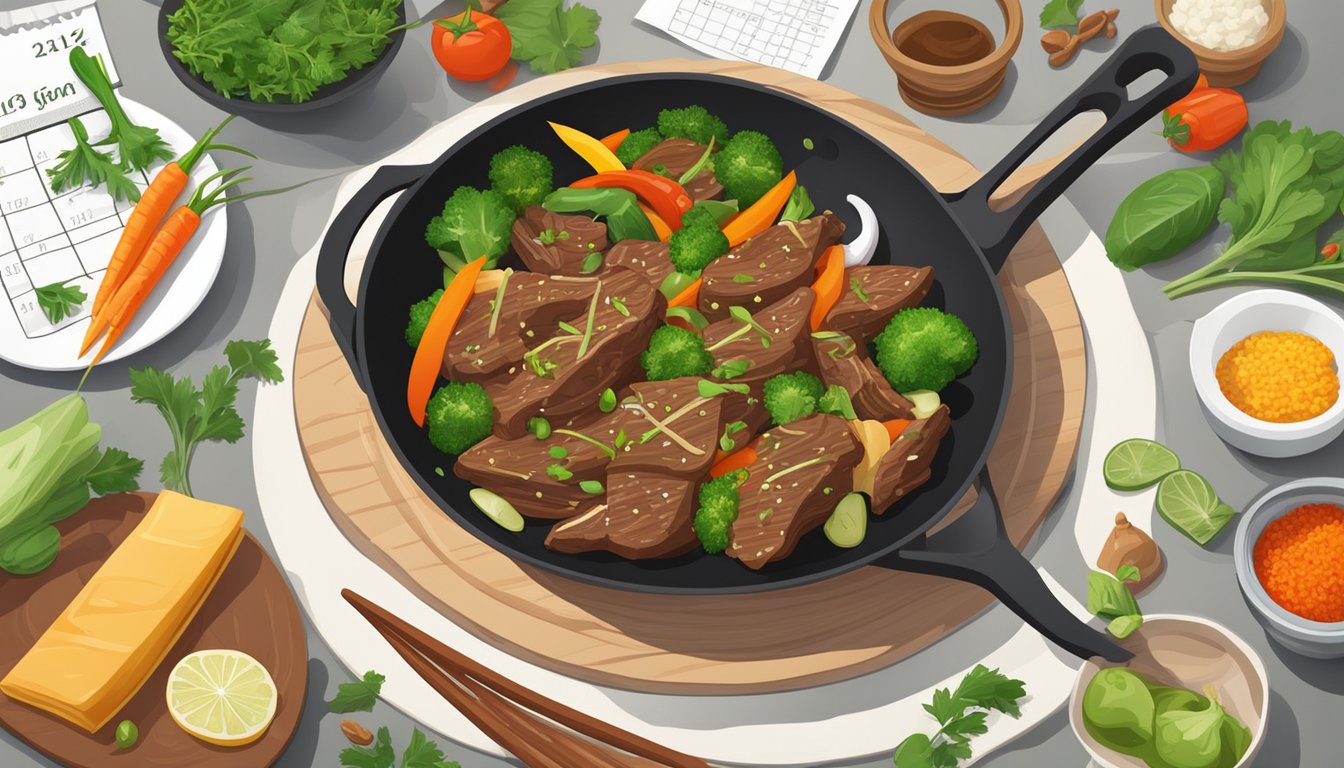 A sizzling beef stir fry in a hot skillet, surrounded by fresh vegetables and aromatic spices, with a calendar in the background marking the passage of time