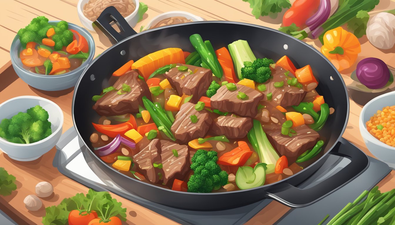 A sizzling beef stir-fry is being reheated in a non-stick pan, with vibrant vegetables and tender beef pieces glistening in the steam