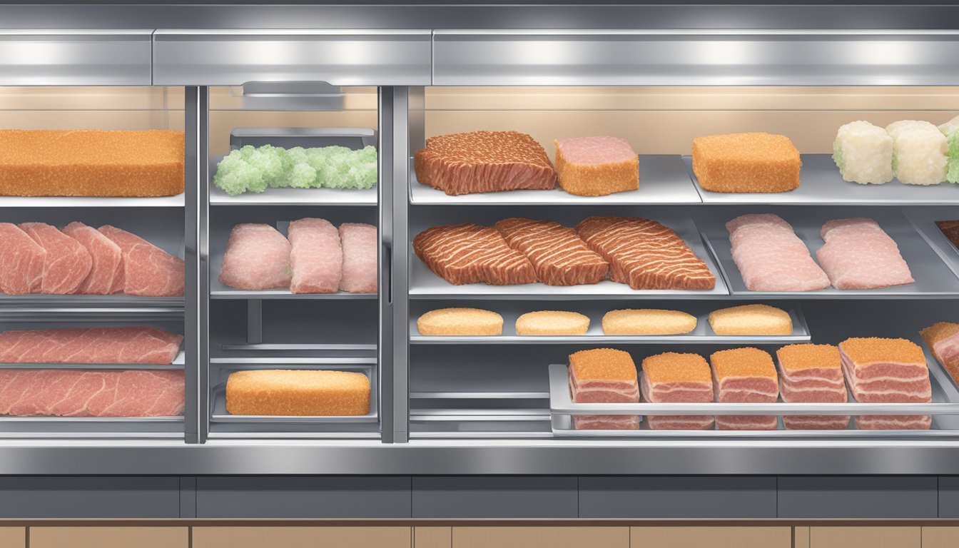 A refrigerated beef tonkatsu sits on a clean, organized shelf with a labeled expiration date