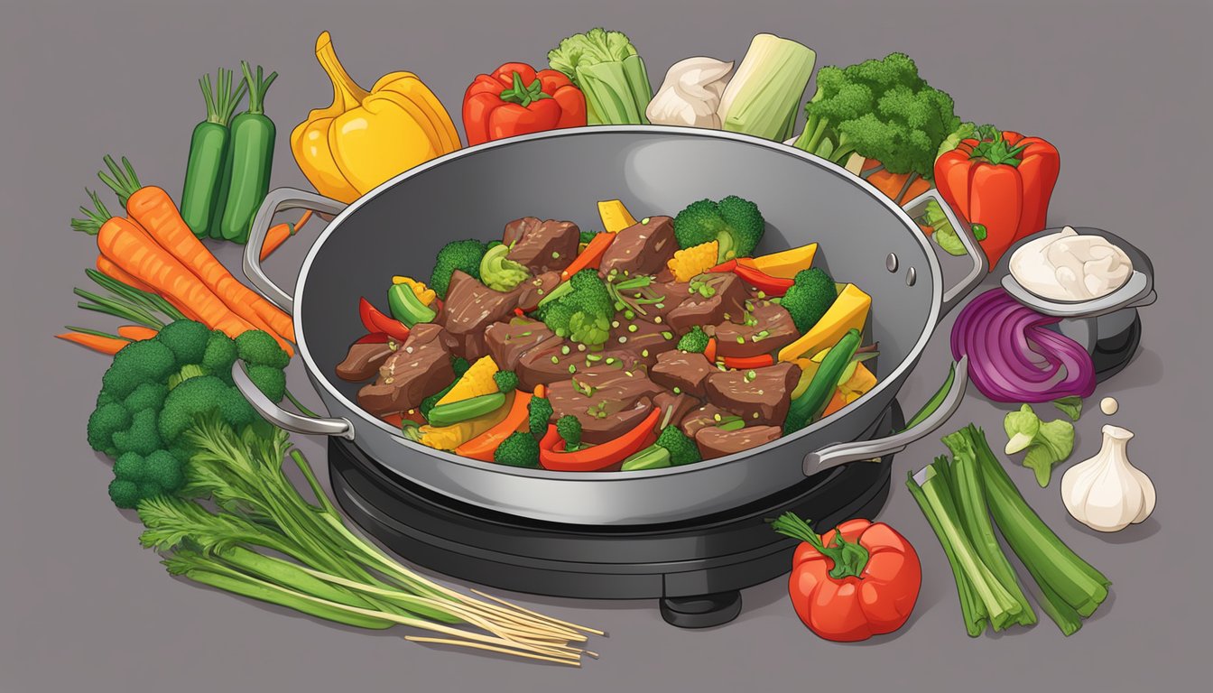 A sizzling beef stir-fry sits in a wok on a gas stove, surrounded by colorful chopped vegetables and a variety of seasonings