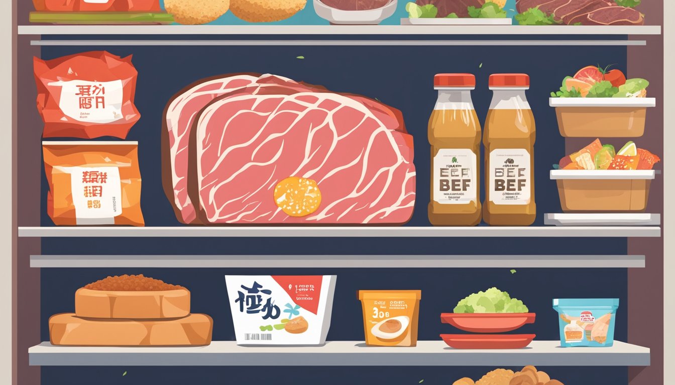 A package of beef tonkatsu sits on a shelf, surrounded by other food items. The expiration date is prominently displayed, indicating its shelf life