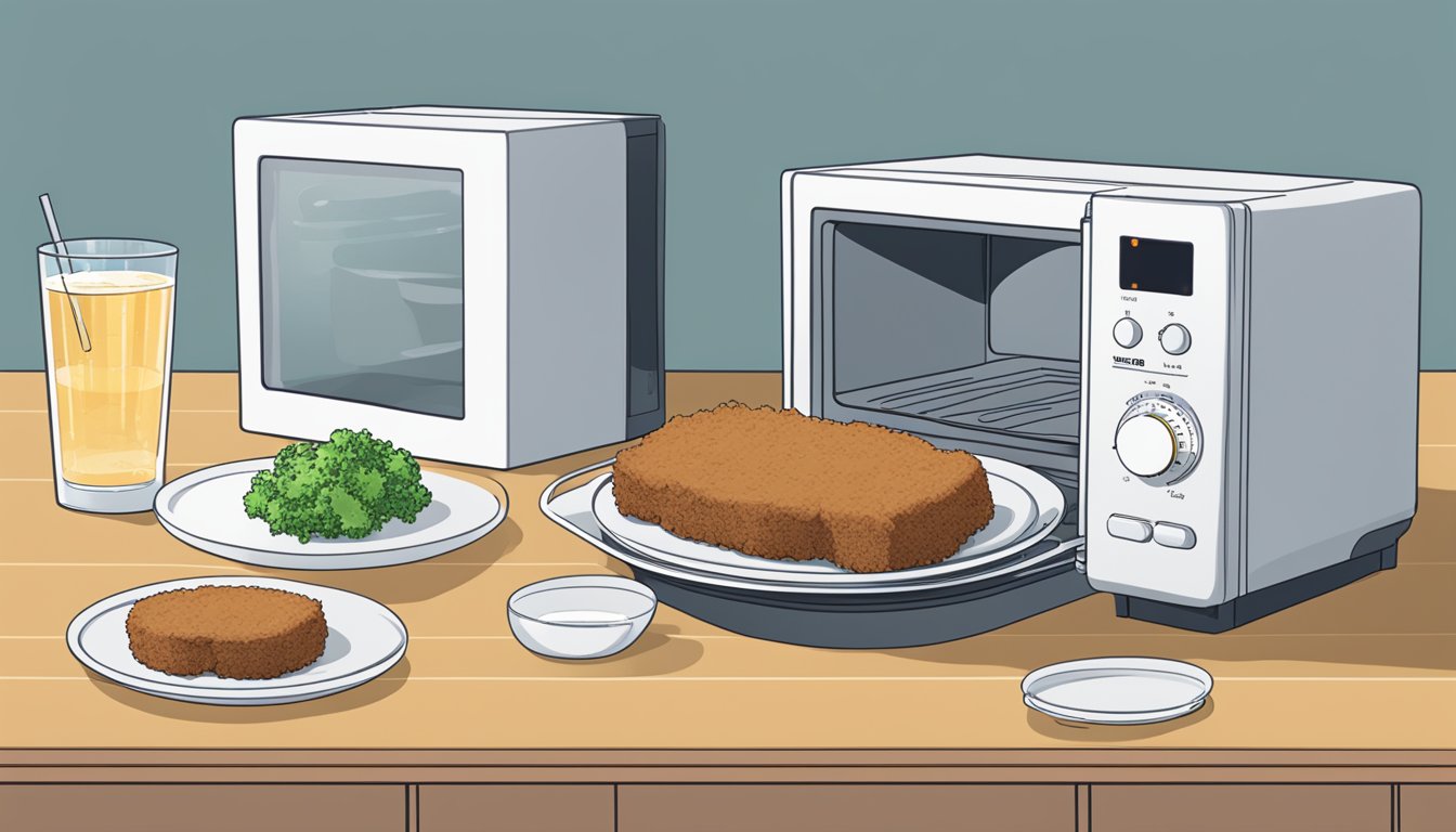 A plate of beef tonkatsu sits in a microwave next to a glass of water. The timer reads 2 minutes