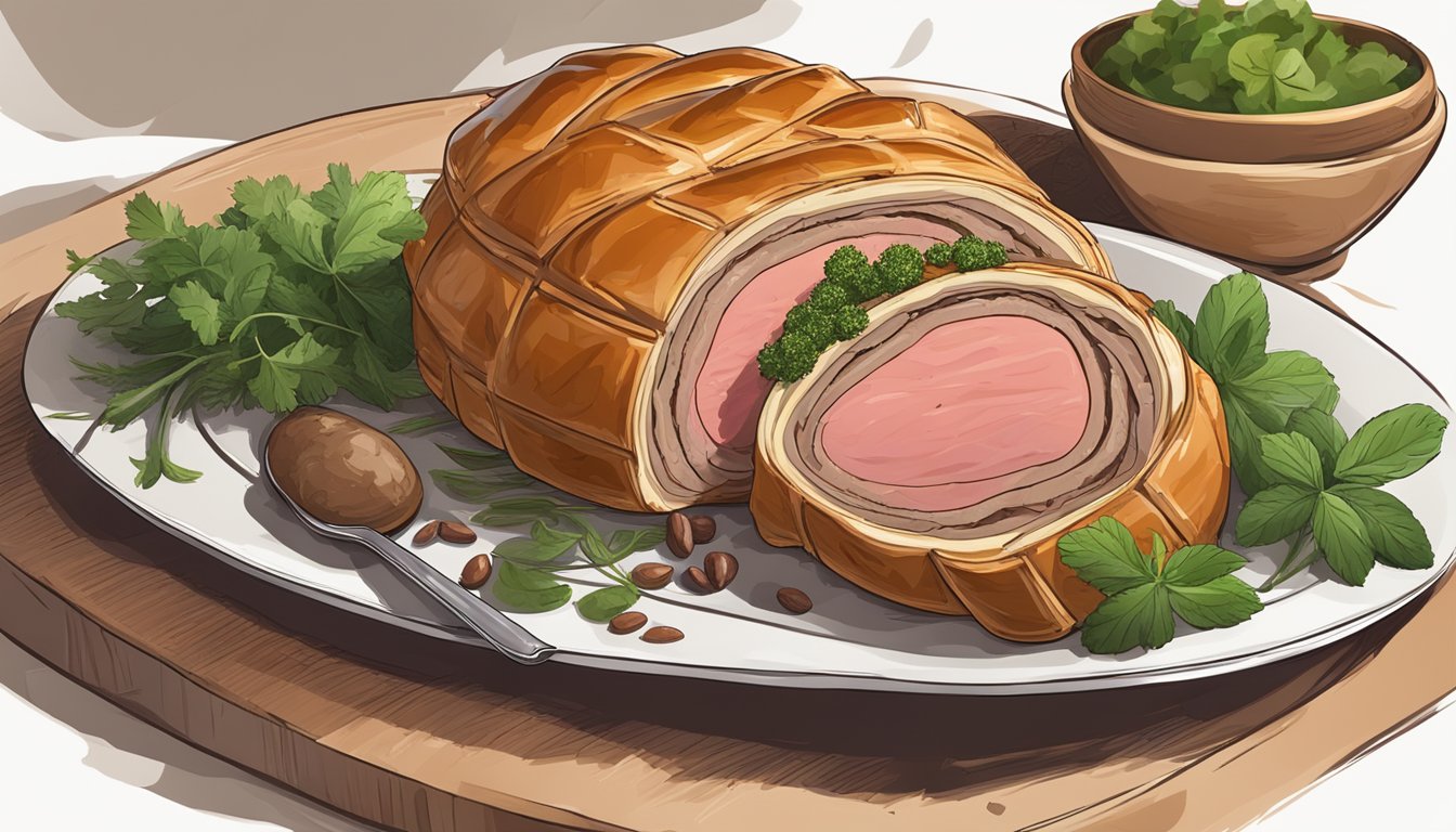 A perfectly cooked Beef Wellington sits on a serving platter, surrounded by a garnish of fresh herbs and accompanied by a rich, savory sauce