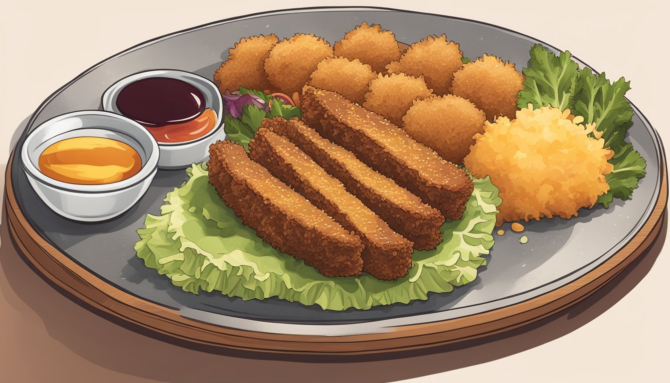 A plate of crispy beef tonkatsu with a variety of accompaniments and sauces, including shredded cabbage, pickles, and tangy tonkatsu sauce