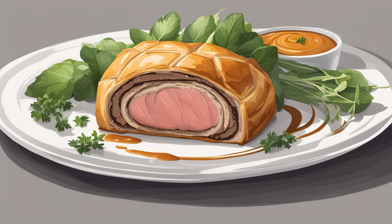 A freshly baked beef wellington sits on a clean, white plate, surrounded by a garnish of herbs and a drizzle of sauce