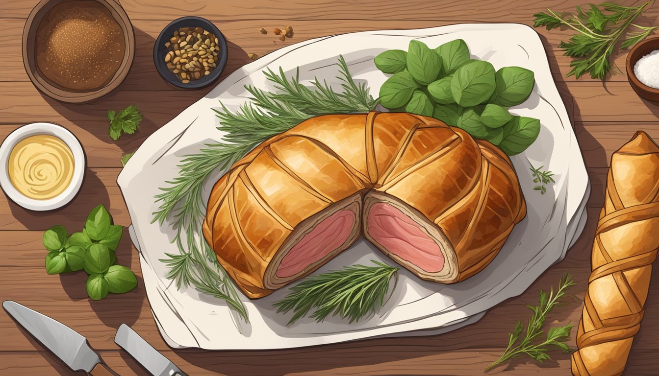 A perfectly cooked Beef Wellington sits on a wooden cutting board, surrounded by fresh herbs and spices, with a golden-brown pastry crust