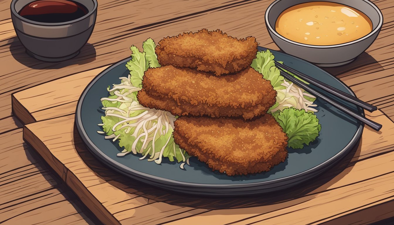 A plate of crispy beef tonkatsu sits on a wooden table, surrounded by a garnish of shredded cabbage and a side of tangy tonkatsu sauce