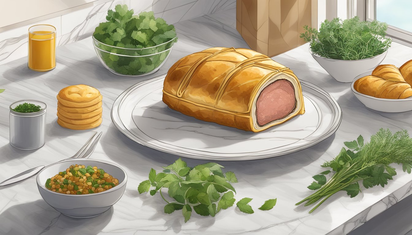 A beef wellington sits on a marble countertop, wrapped in golden, flaky pastry. It is surrounded by fresh herbs and airtight containers for storage