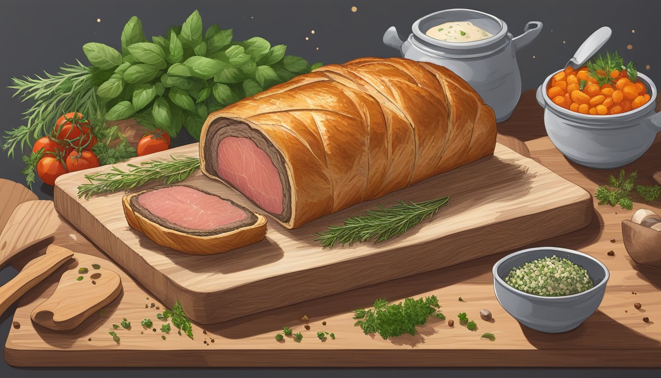 A perfectly cooked Beef Wellington sits on a wooden cutting board, surrounded by fresh herbs and spices