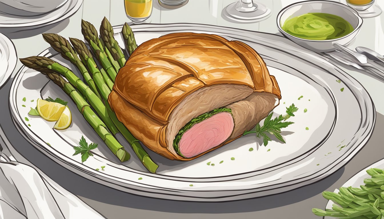 A golden-brown beef wellington sits on a white serving platter, surrounded by vibrant green asparagus spears and garnished with sprigs of fresh herbs