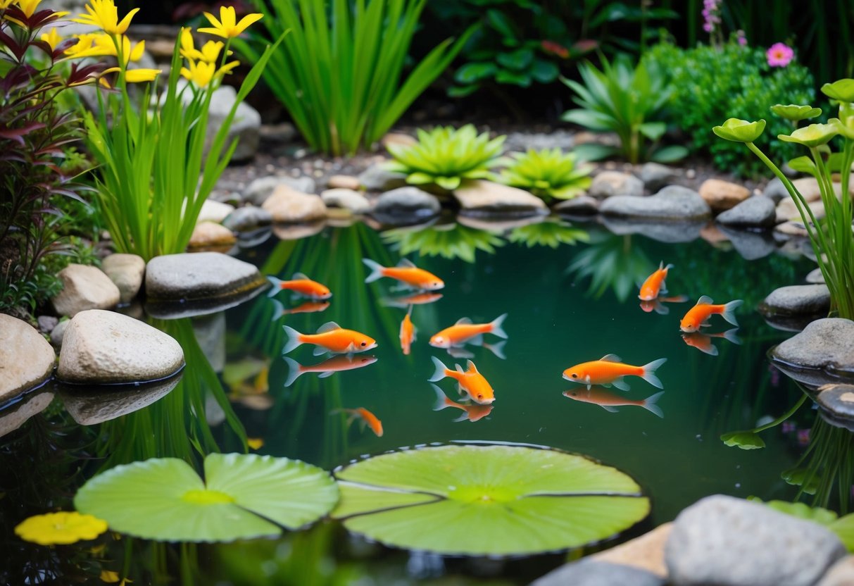 A serene pond with clear water, surrounded by lush greenery and colorful aquatic plants. A group of goldfish gracefully swim among the rocks and water lilies