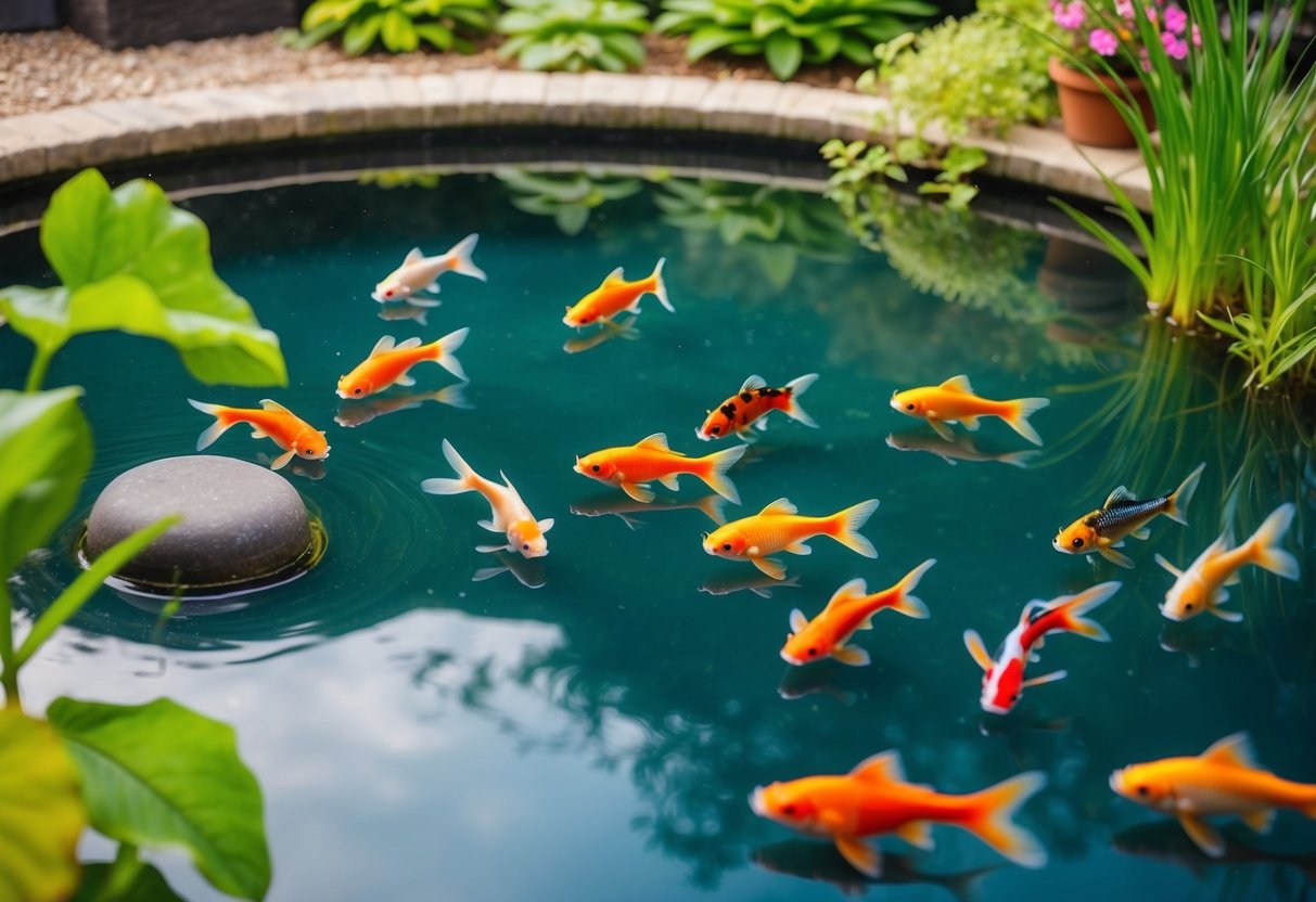 A tranquil pond with clear water, aquatic plants, and a variety of colorful goldfish swimming gracefully