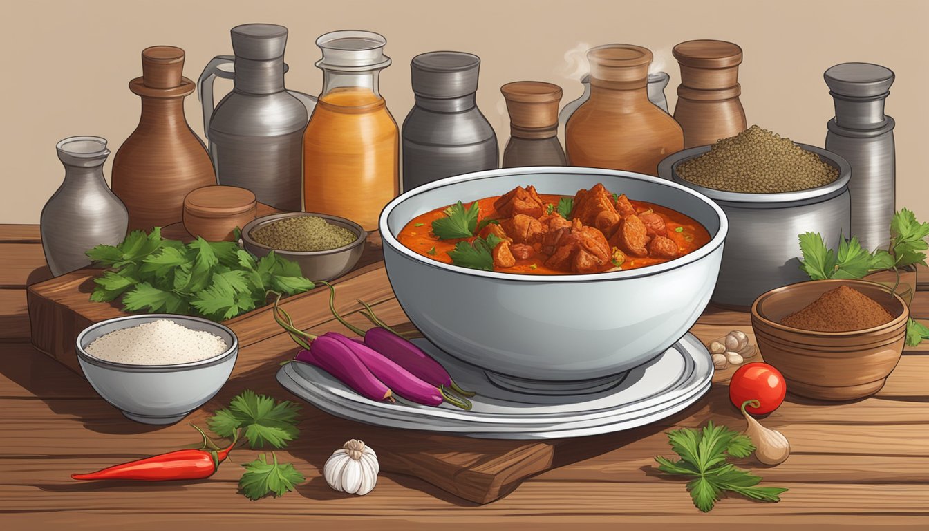 A steaming bowl of beef tikka masala sits on a rustic wooden shelf, surrounded by fragrant spices and fresh ingredients