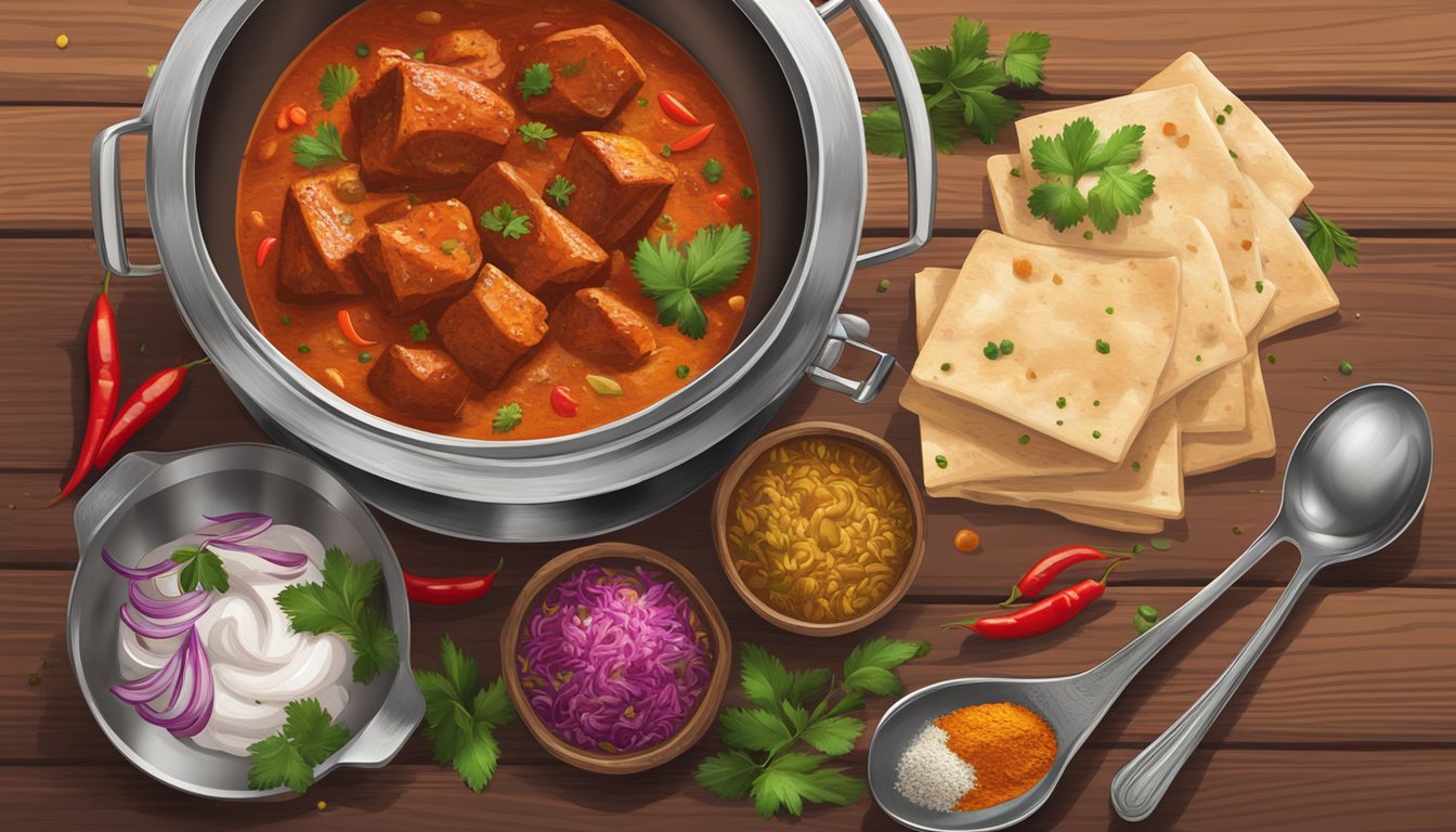 A steaming pot of beef tikka masala sits on a rustic wooden table, surrounded by colorful spices and herbs. A serving spoon rests on the side