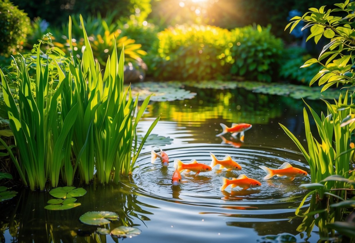 A serene pond with lush greenery, sunlight filtering through the water, and colorful goldfish swimming gracefully amidst the aquatic plants