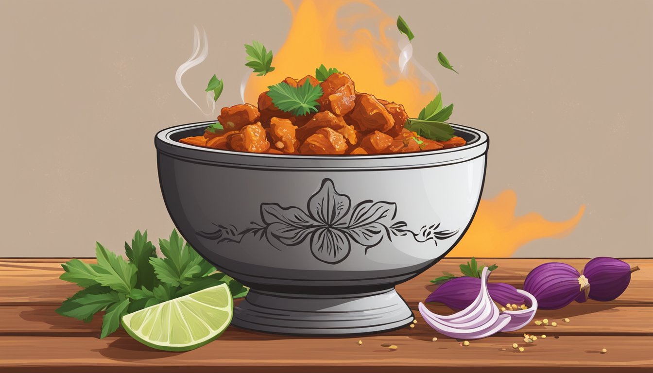 A steaming bowl of beef tikka masala sits on a rustic wooden table, surrounded by colorful spices and herbs. The rich aroma fills the air, inviting the viewer to savor the delicious dish