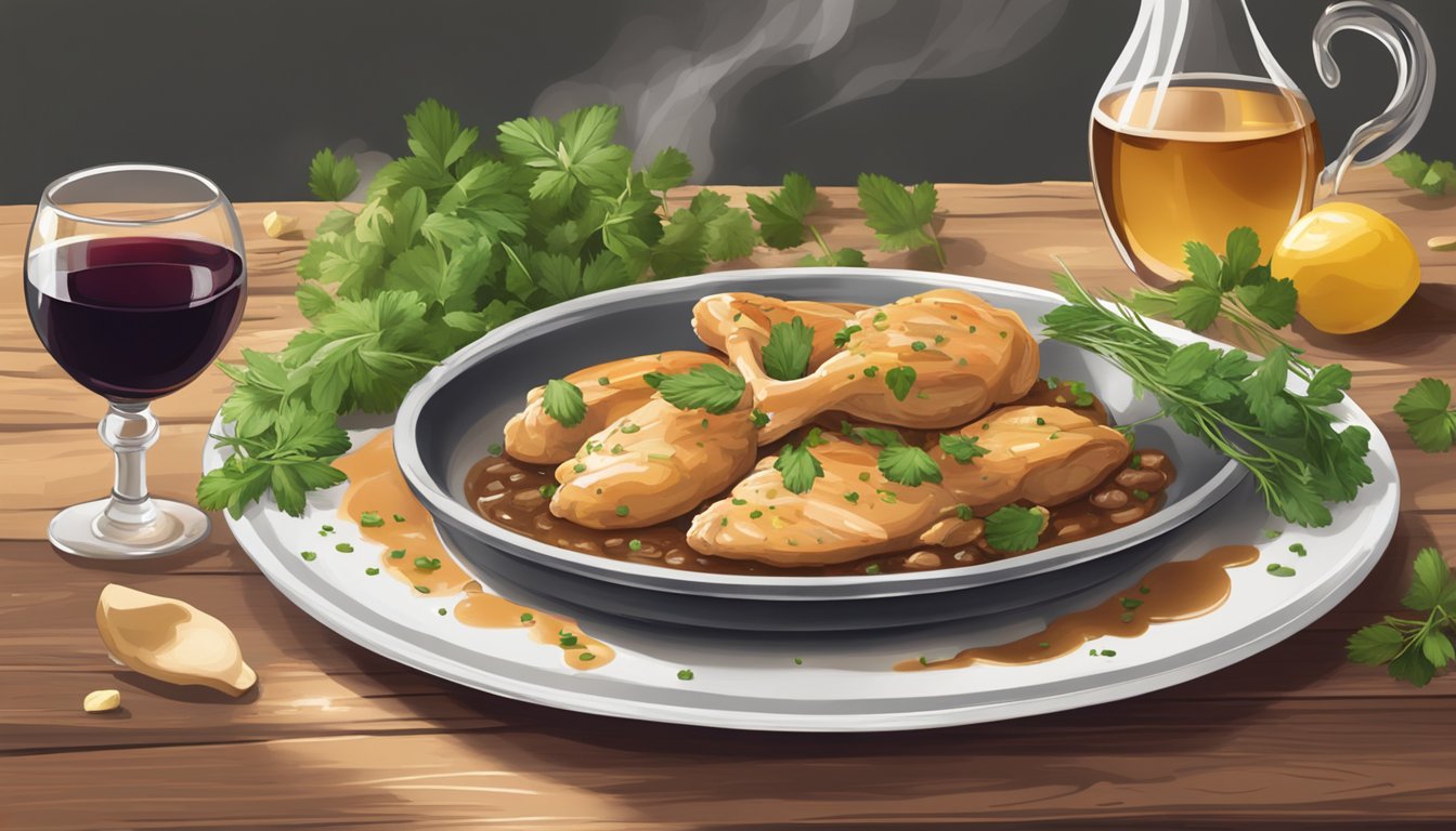 A steaming plate of Chicken Marsala sits on a rustic wooden table, surrounded by a scattering of fresh herbs and a glass of red wine