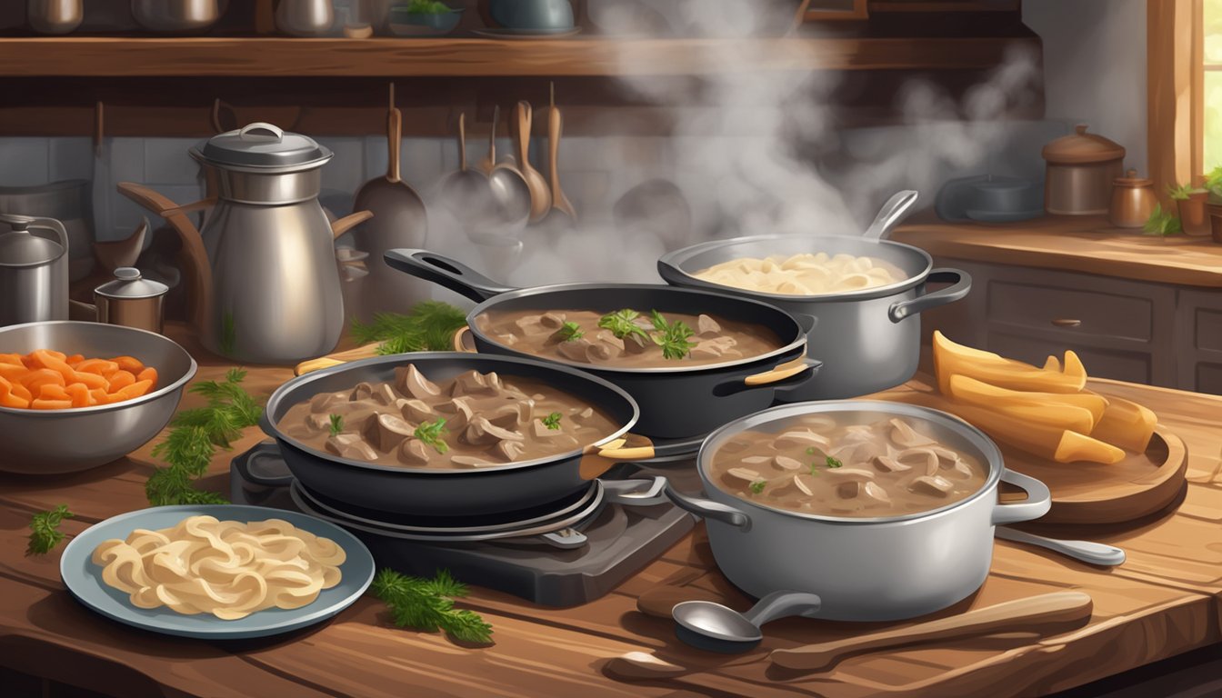 A steaming plate of Beef Stroganoff sits on a rustic wooden table, surrounded by a cozy kitchen setting with pots and pans in the background