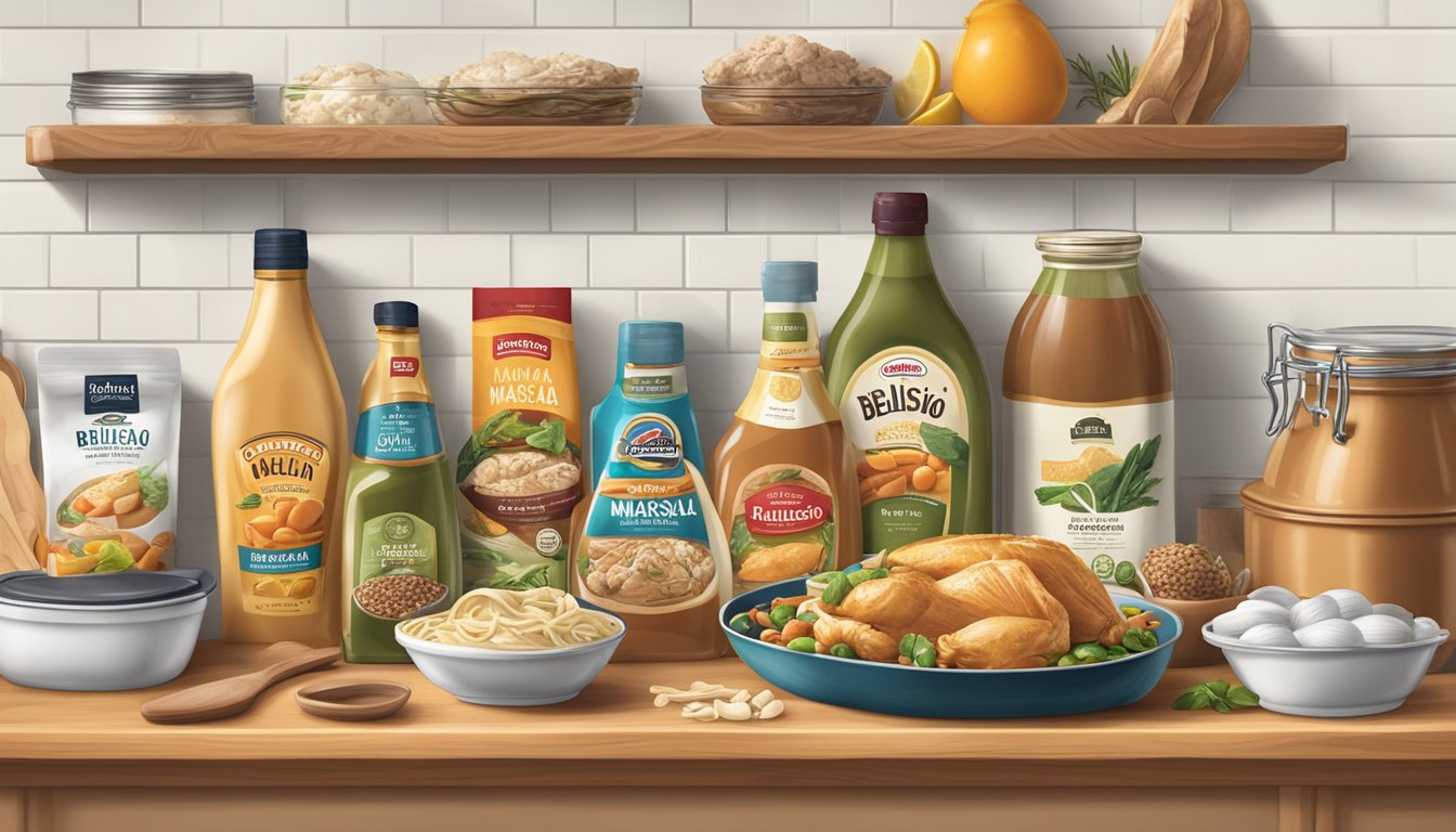 A kitchen shelf with a package of Bellisio Foods Chicken Marsala, surrounded by other food items and cooking utensils