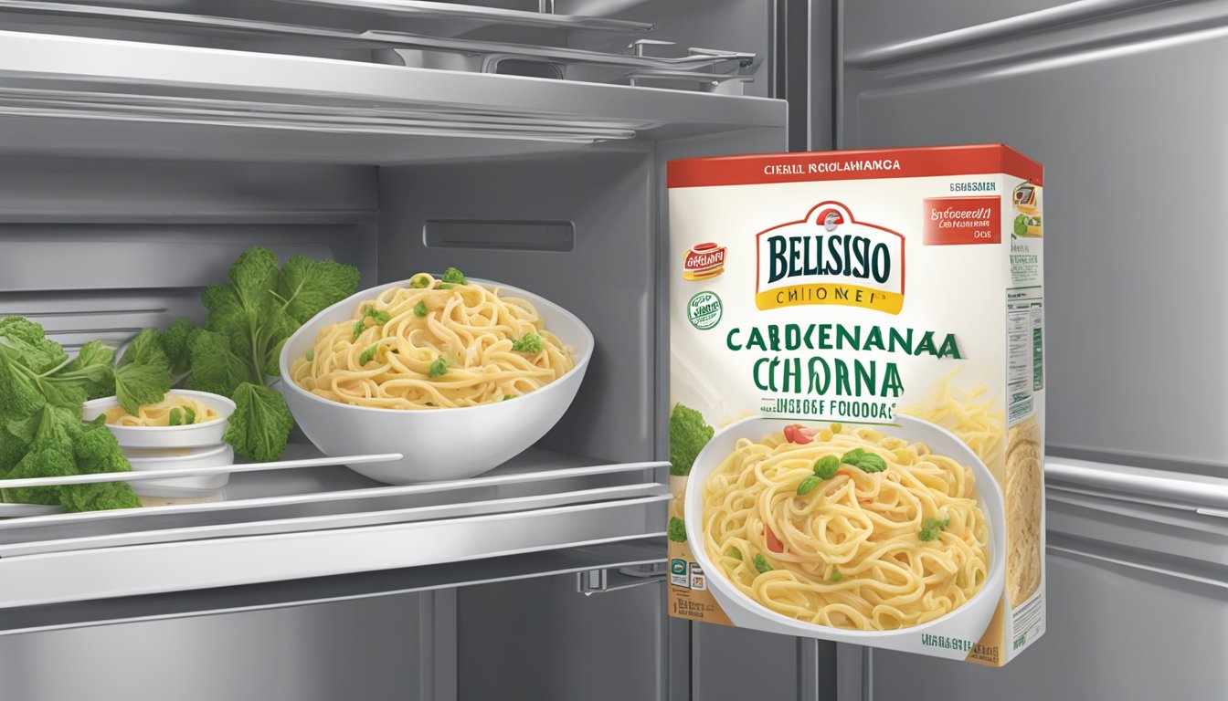 A sealed package of Bellisio Foods Chicken Carbonara stored in a refrigerator